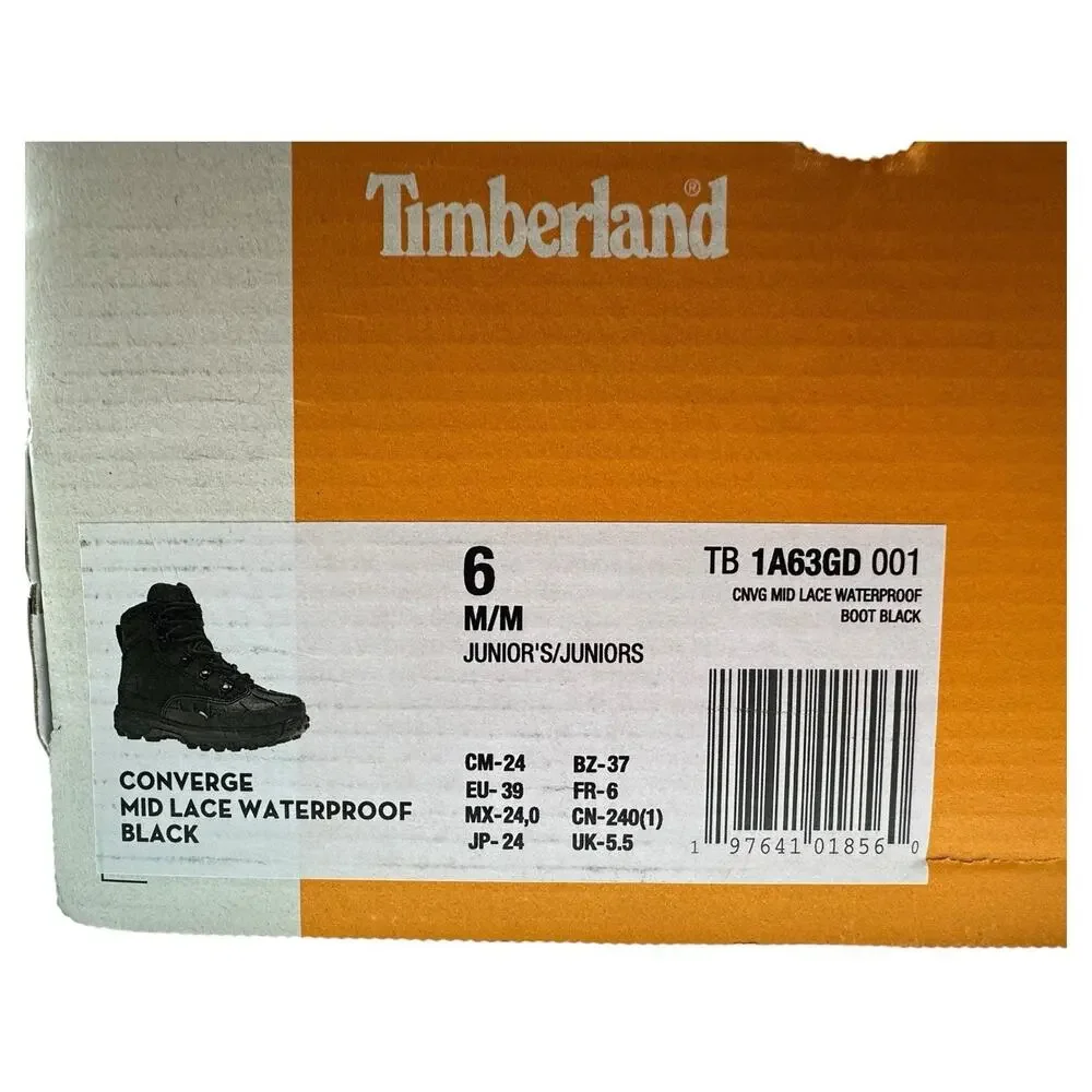 Timberland Converge Mid Lace Waterproof Juniors 6M‎ Leather Boots Black Gorpcore